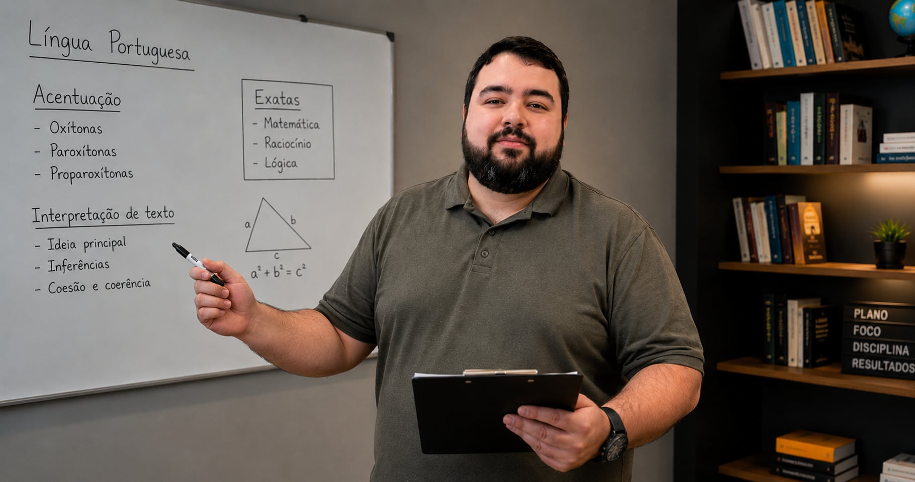 Professor Daniel Diniz em frente ao quadro com conteúdos de Língua Portuguesa e Exatas